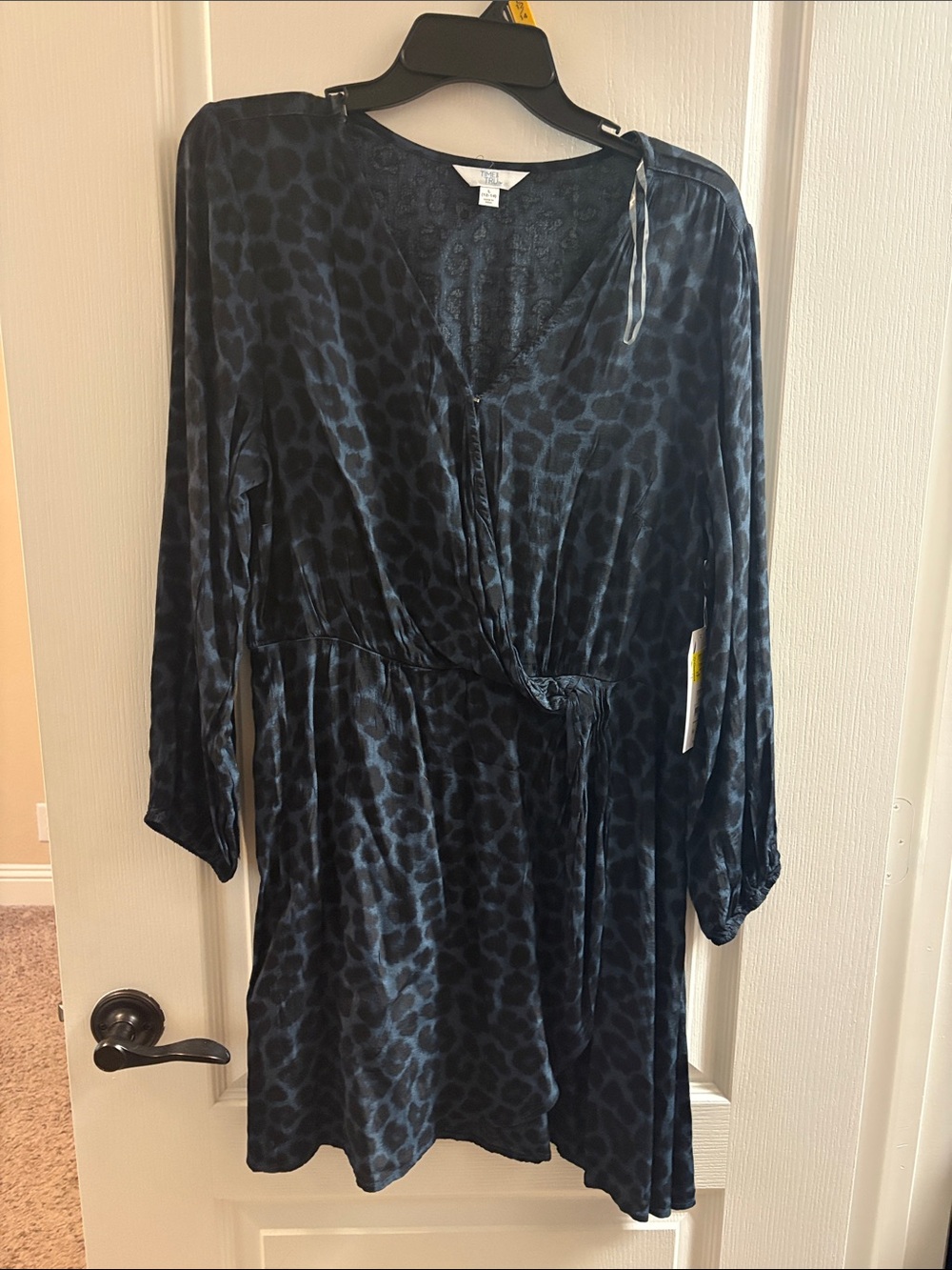 Time and Tru Navy Satin Animal-Print Wrap Dress
